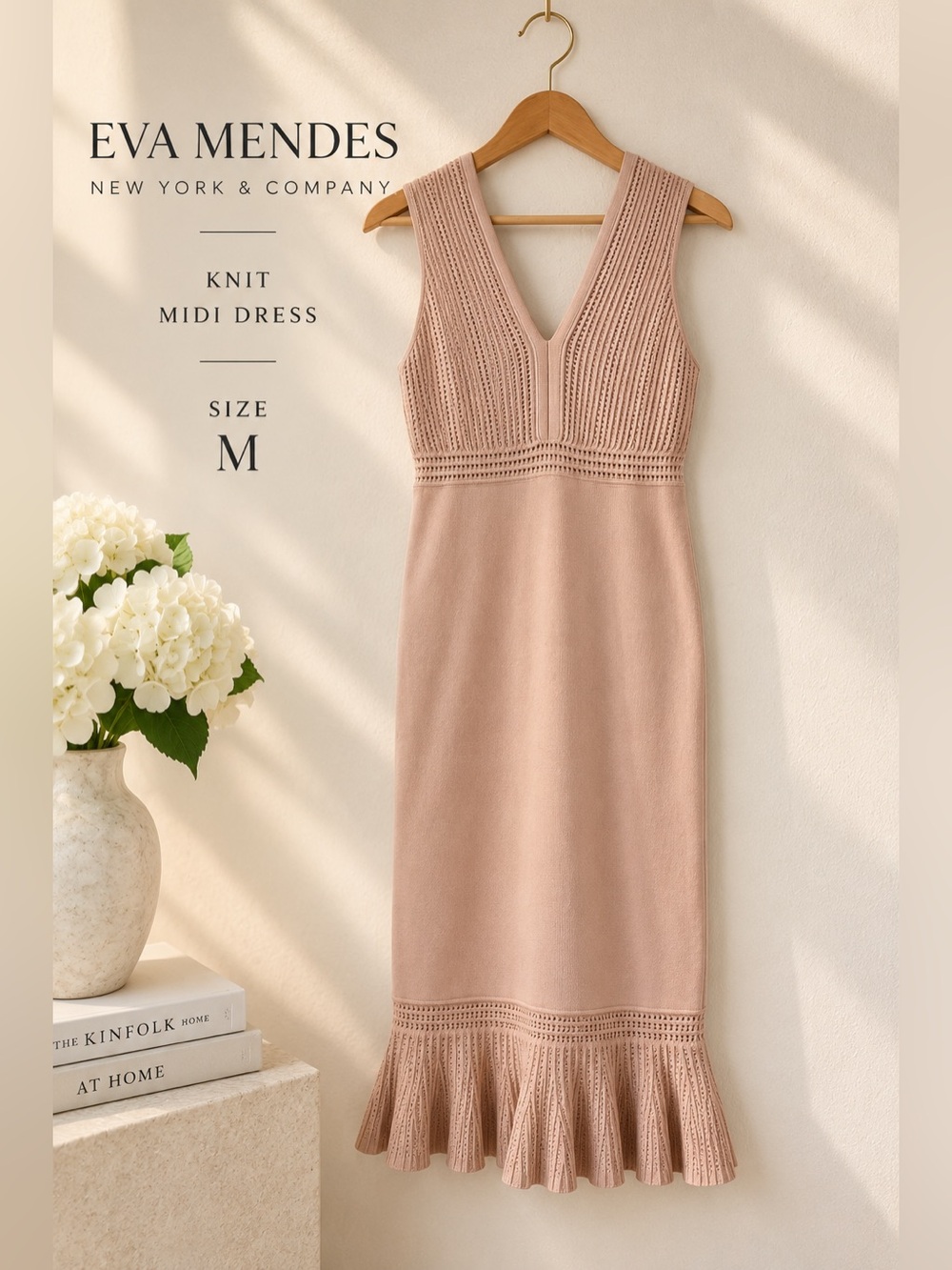 Eva Mendes New York & Company Tan Knit Midi Dress Ruffle Hem M